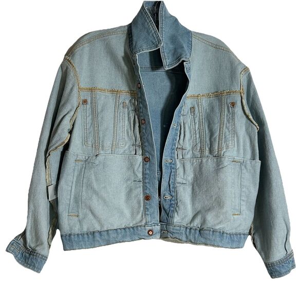 Anthropologie Pilcro Pleated Front Denim Jacket  Sz. XS Light Wash Back Buckle - Picture 15 of 16